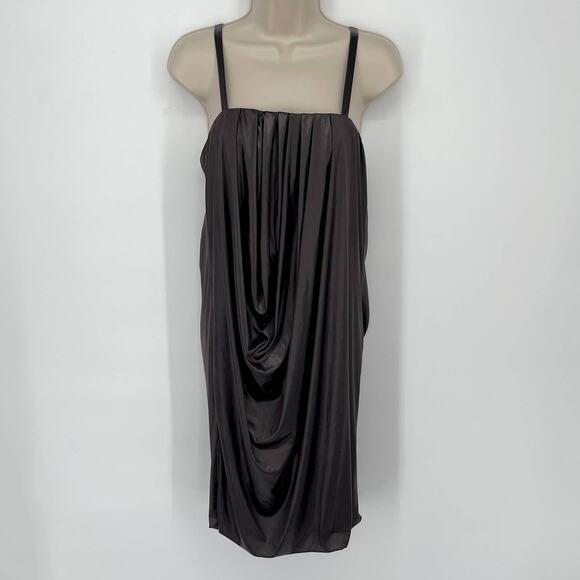 Poleci Women's Draped Matte Satin Mini Slip Dress Sz M Dark Brown Straps Slinky - Picture 1 of 10